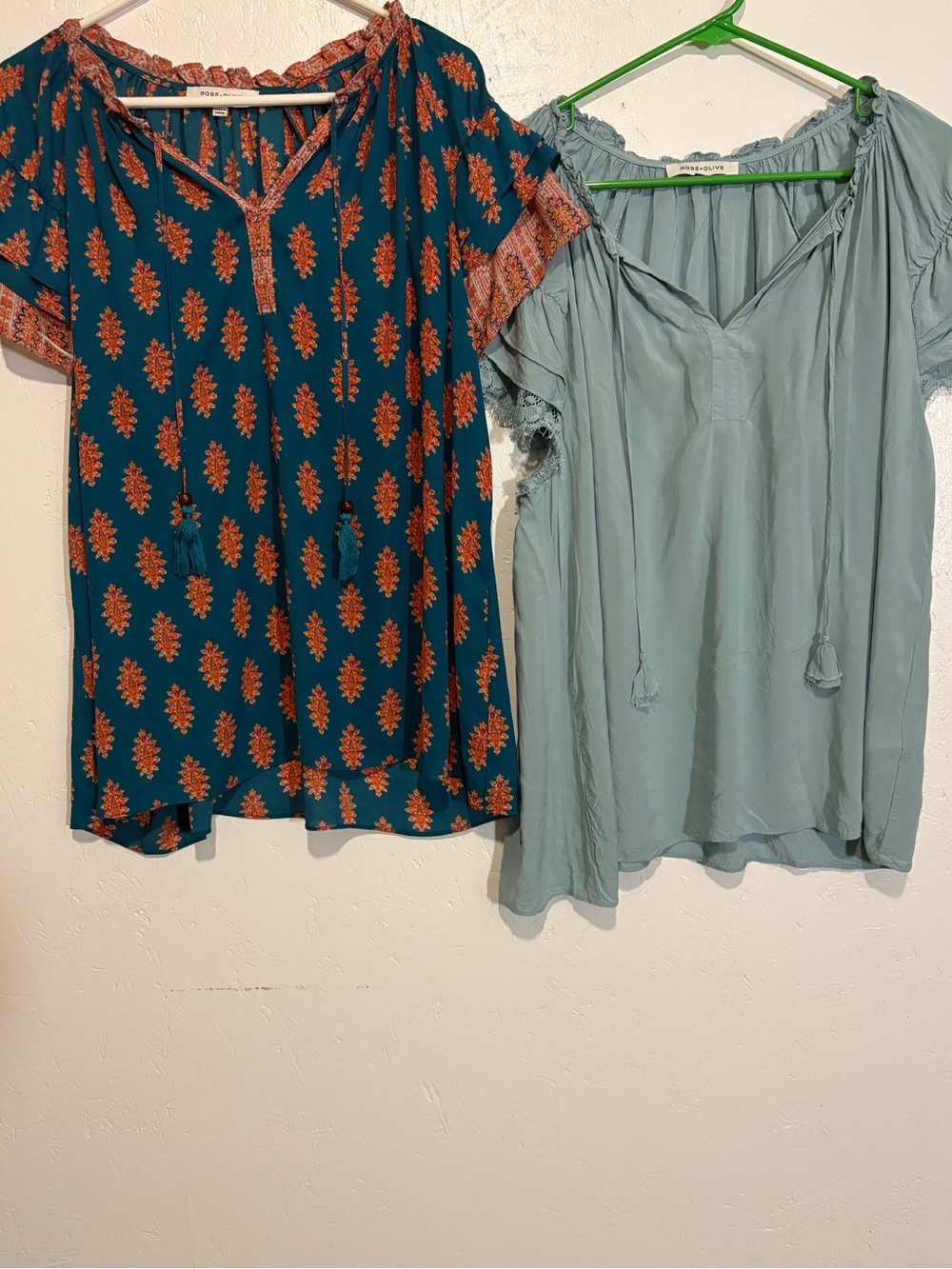 Rose & Olive Teal and Light Blue Boho Tie-Front Women’s Tops